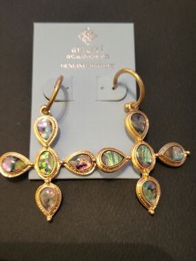 Atterri Gold Tone Abalone Cross Drop Earrings - Iridescent Green & Purple Bnwt